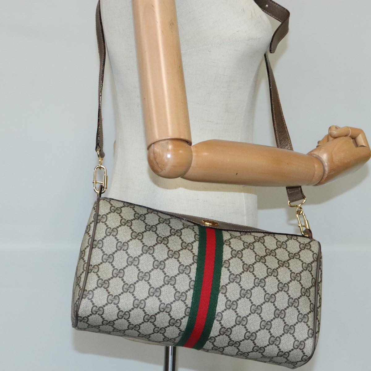 GUCCI GG Supreme Web Sherry Line Shoulder Bag PVC Beige Gold 100378