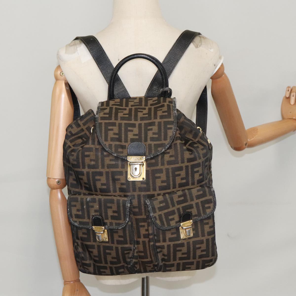 FENDI Zucca Canvas Backpack Brown Black gold 101005