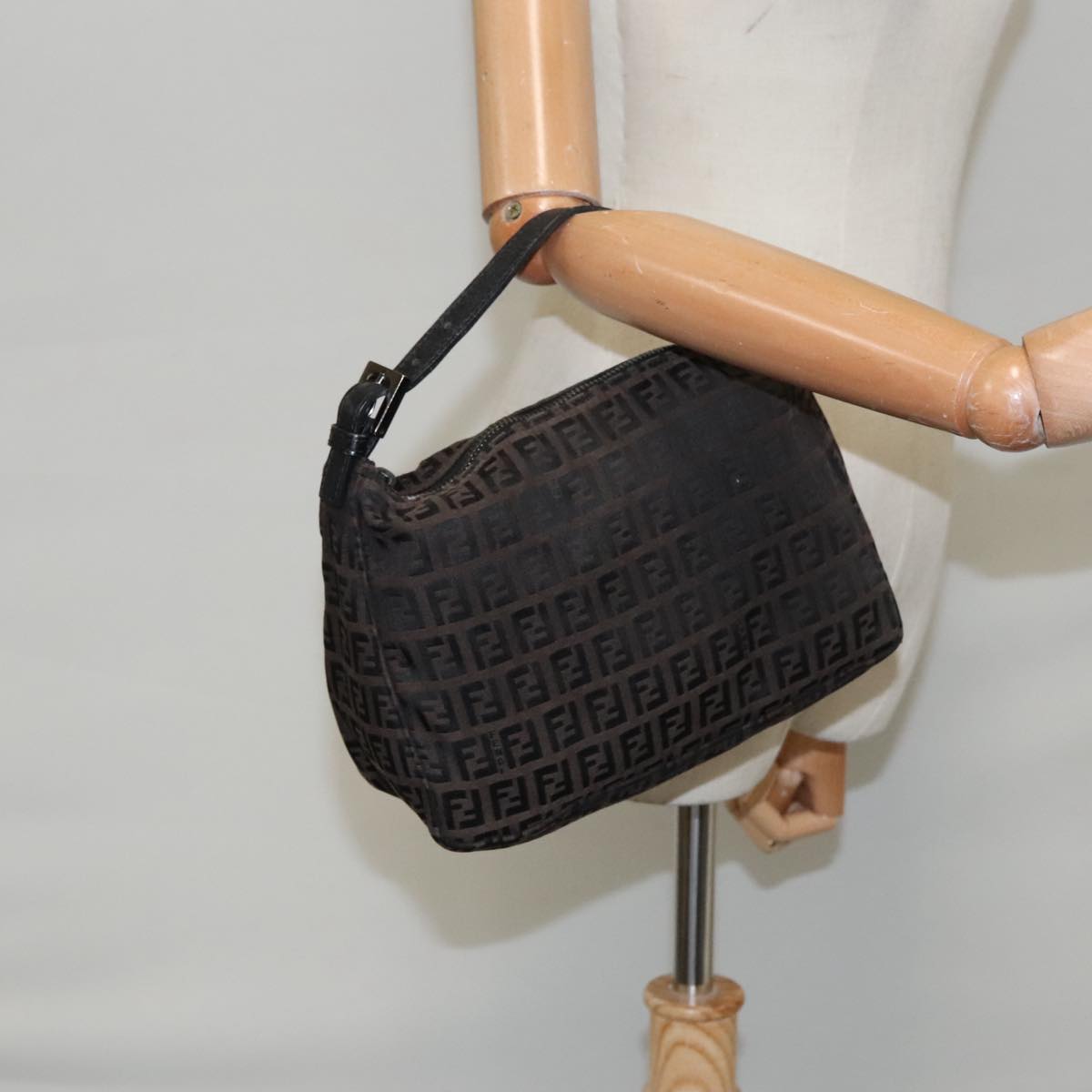 FENDI Zucchino Canvas Hand Bag Black Brown 102663