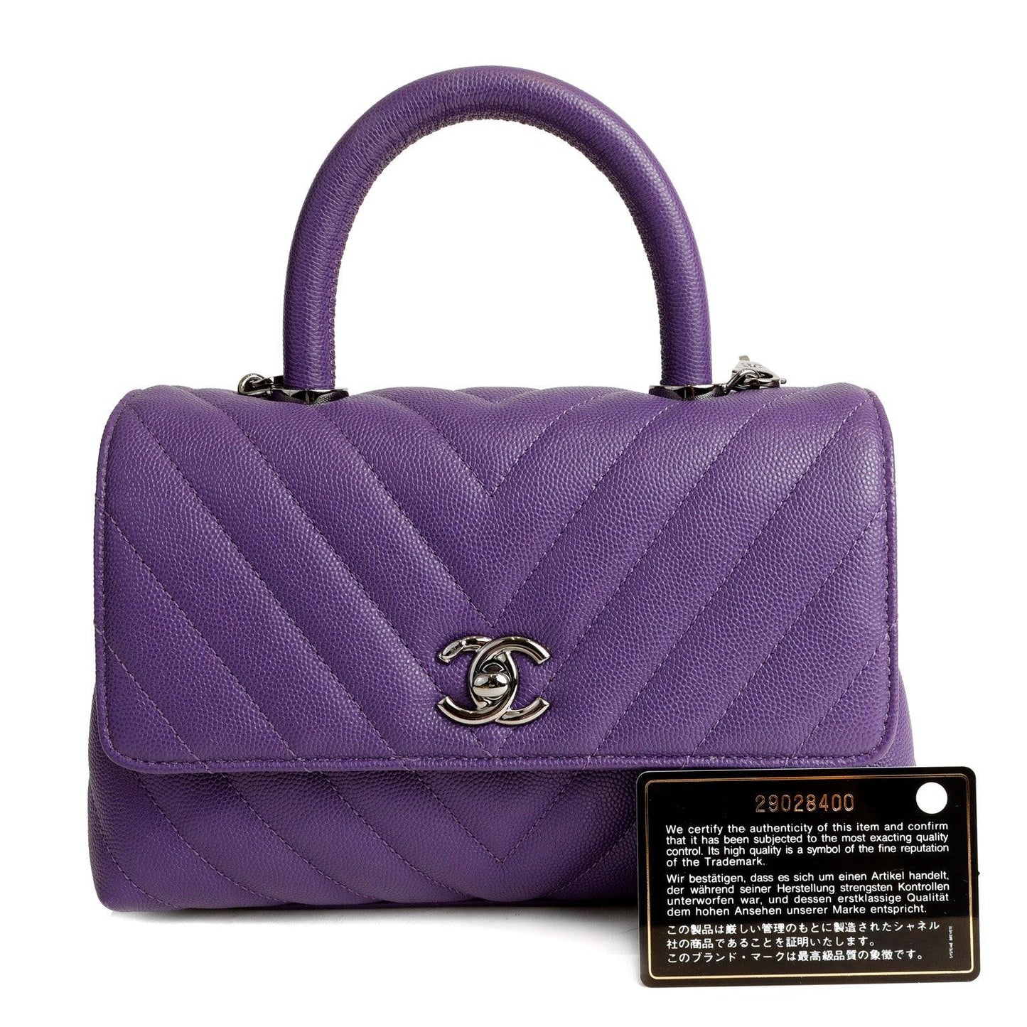 Chanel Chevron Caviar Royal Purple Mini Coco Handle Flap Bag w/ Silver Hardware