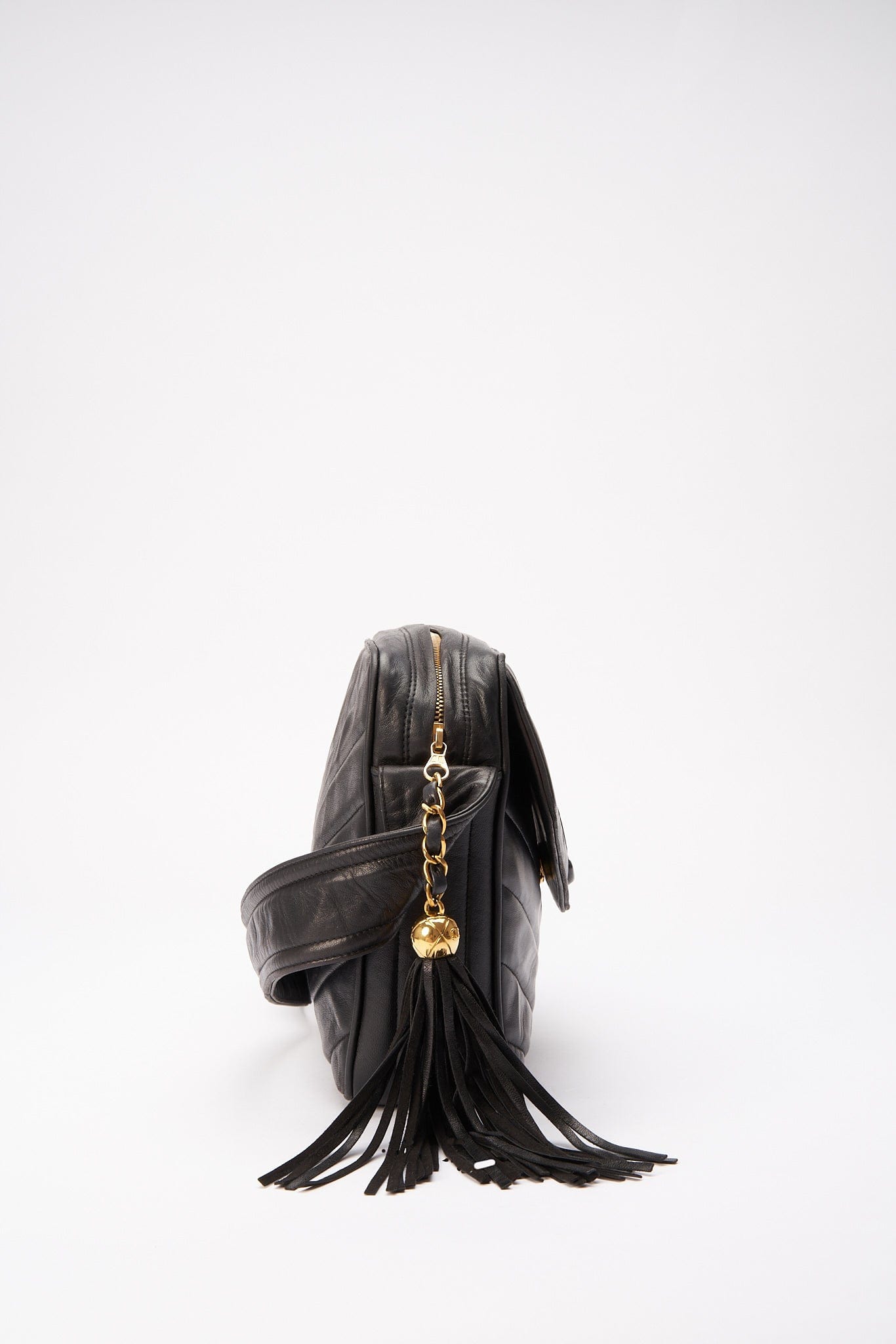 Chanel Quilted Chevron All Black Camera Crossbody Bag