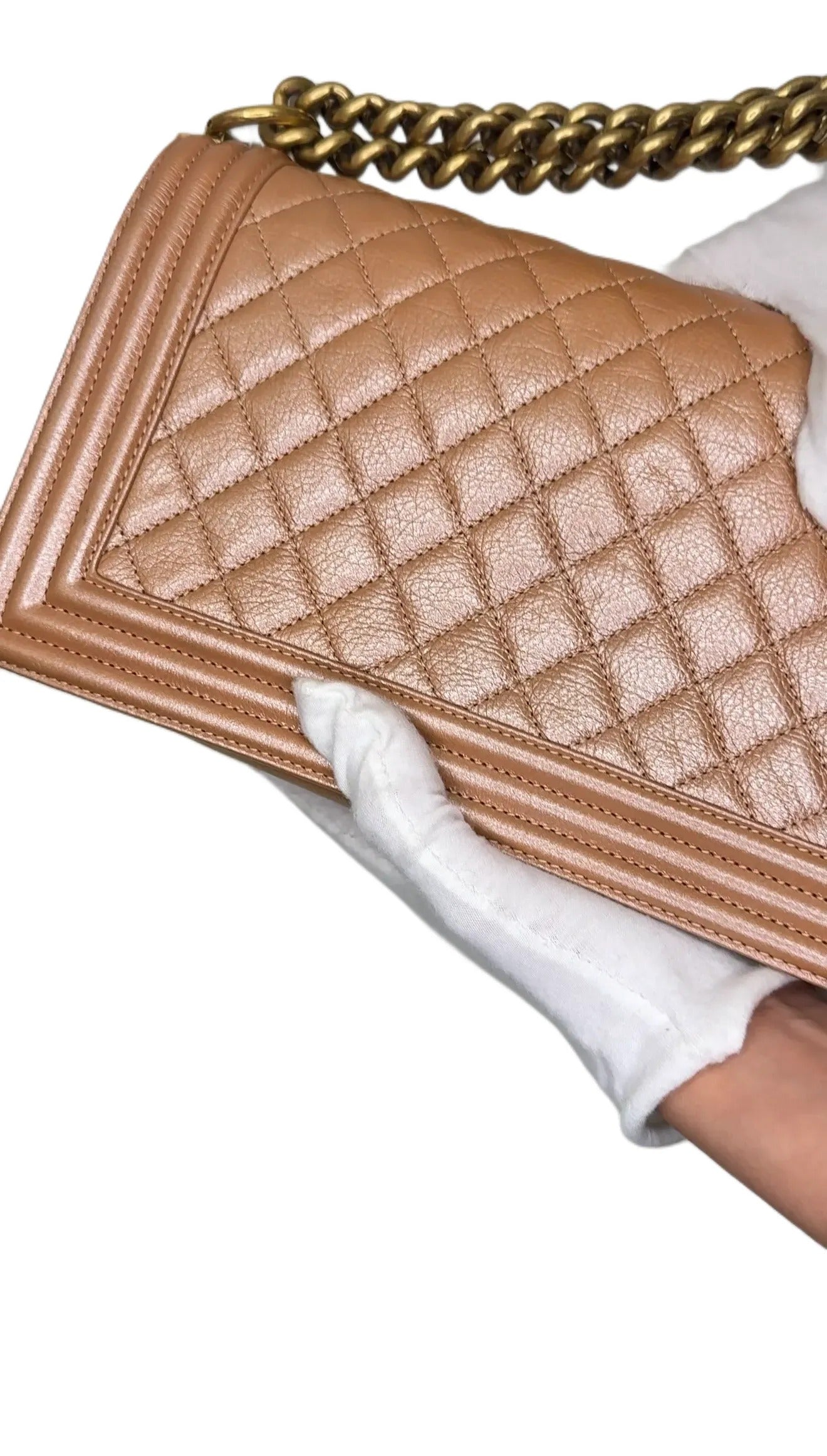 Chanel Iridescent Beige Quilted Shiny Leather New Medium Boy Bag B4-39