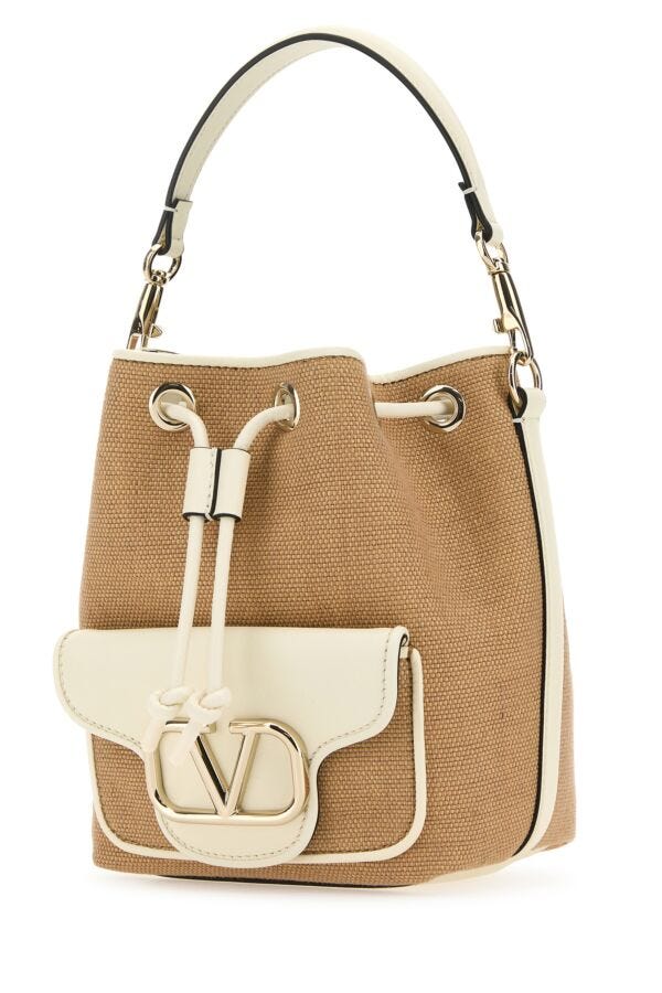 Valentino Garavani Woman Two-Tone Raffia Leather Locã² Bucket Bag