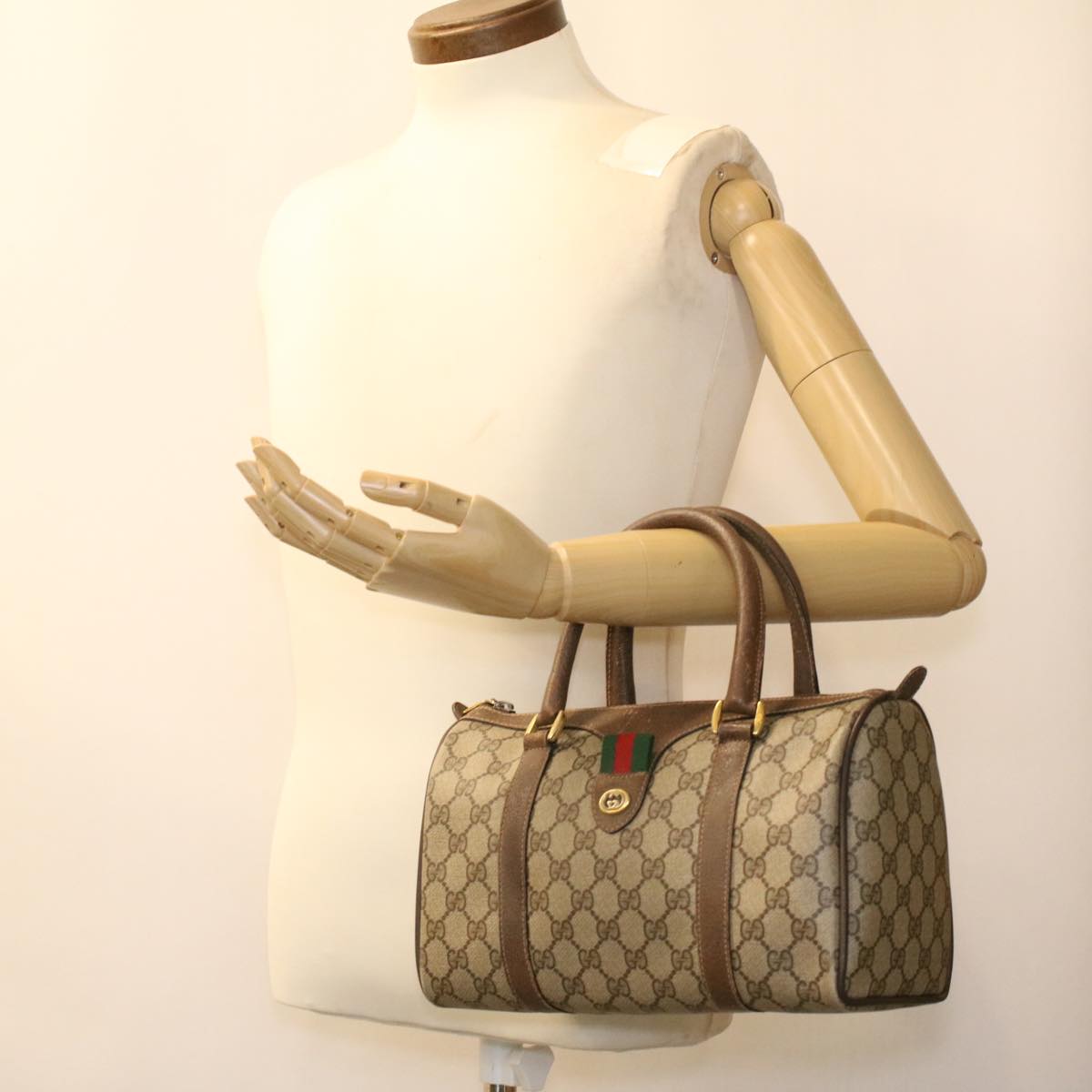 GUCCI Web Sherry Line GG Canvas Boston Bag PVC Leather Beige Green 36638