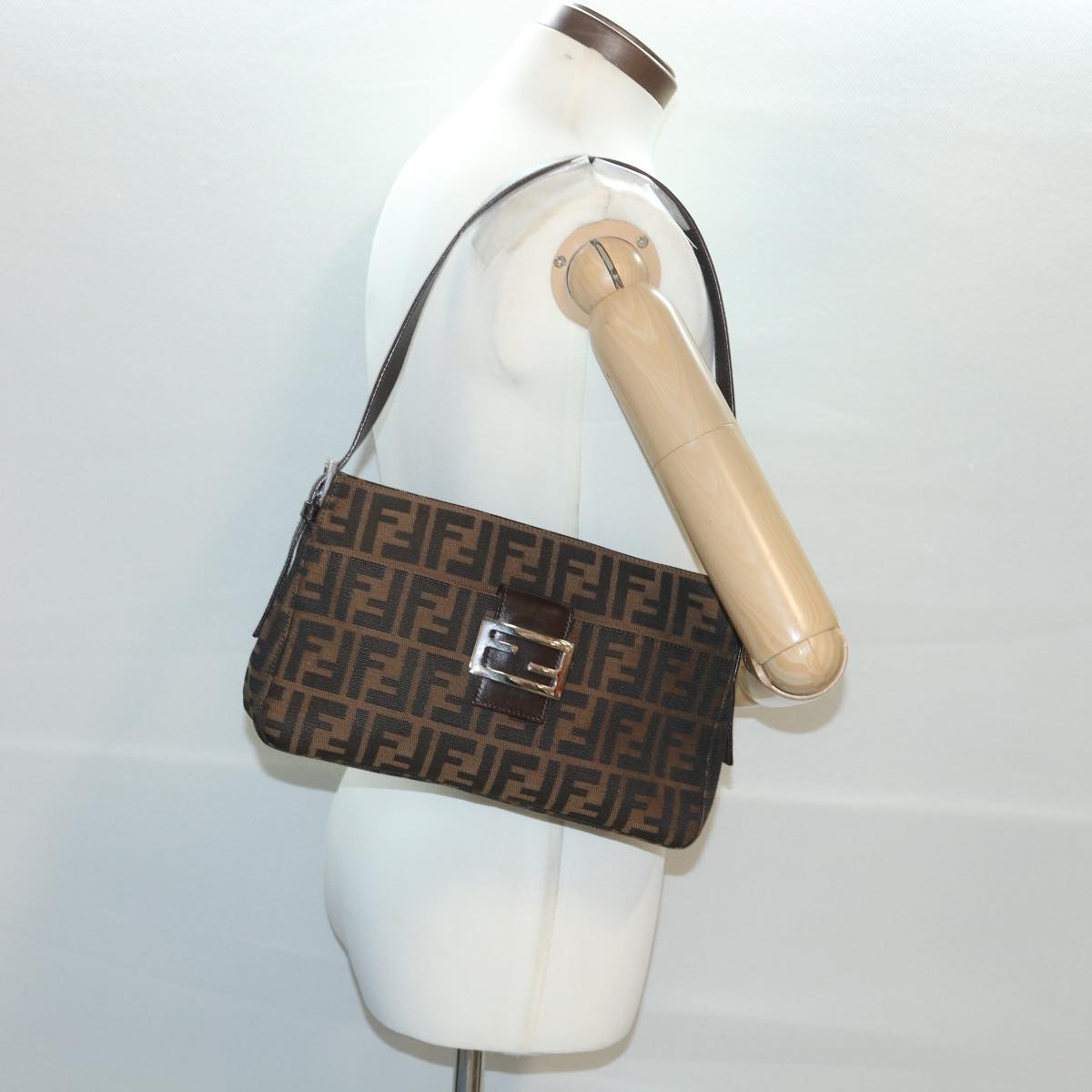 FENDI Zucca Canvas Mamma Baguette Shoulder Bag Black Brown 222826566 38013