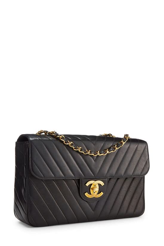CHANEL, Black Chevron Lambskin Half Flap Maxi, Black
