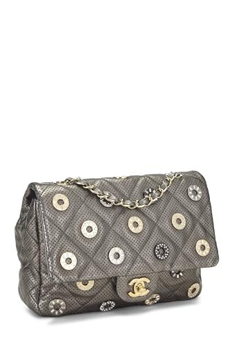 Chanel, Paris-Dubai Silver Perforated Leather Medals Flap Bag Small, Silver