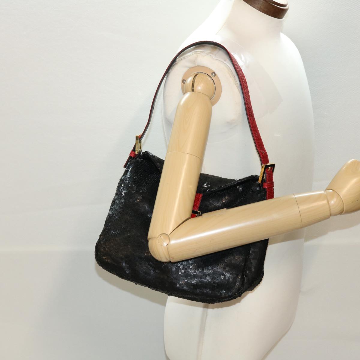 FENDI Sequin Shoulder Bag Black Red 43759