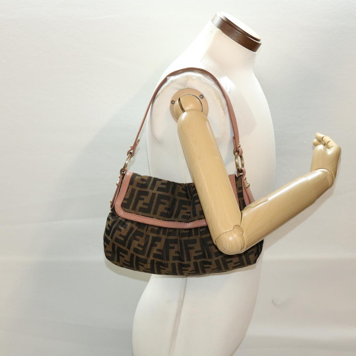 FENDI Zucca Canvas Shoulder Bag Nylon Brown Black pink 43767