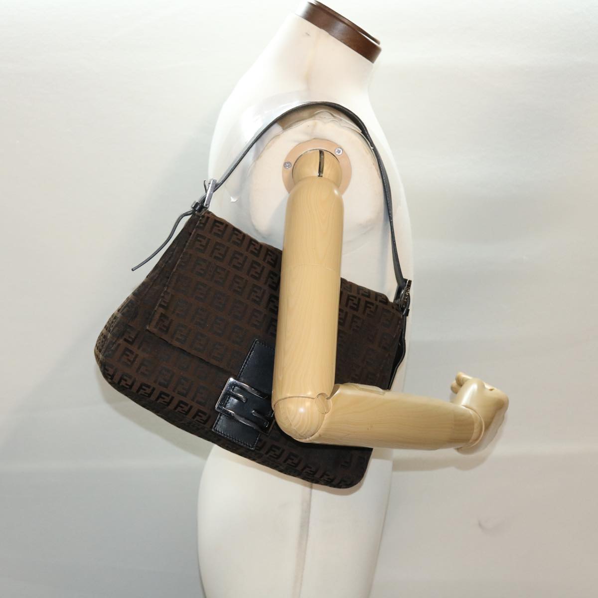 FENDI Zucchino Canvas Mamma Baguette Shoulder Bag Brown 45656