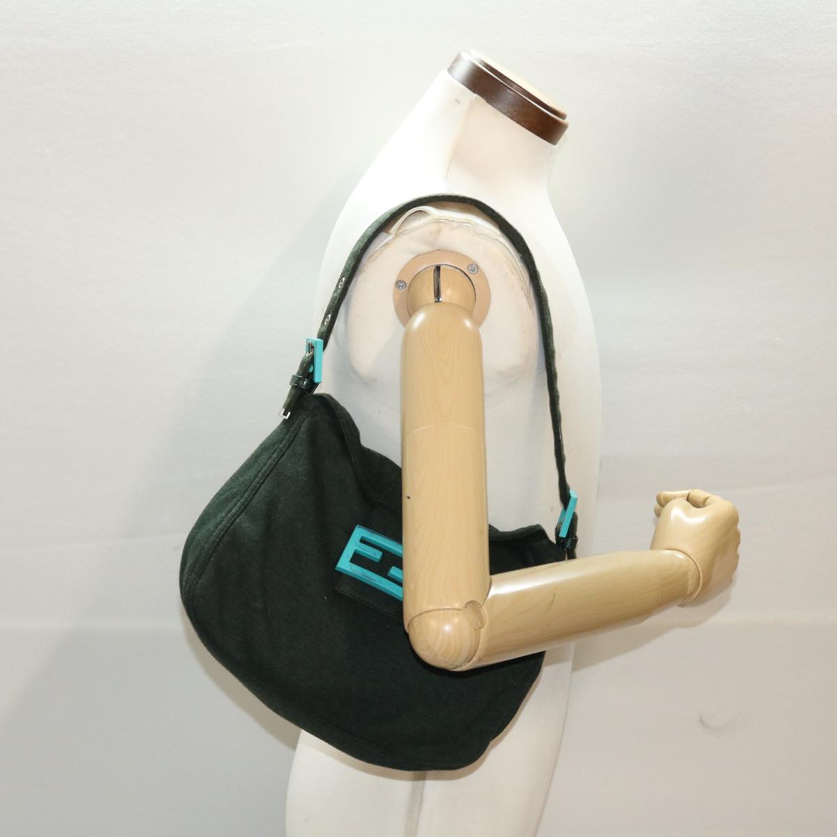 FENDI Mamma Baguette Shoulder Bag Canvas Khaki Turquoise Blue 48073