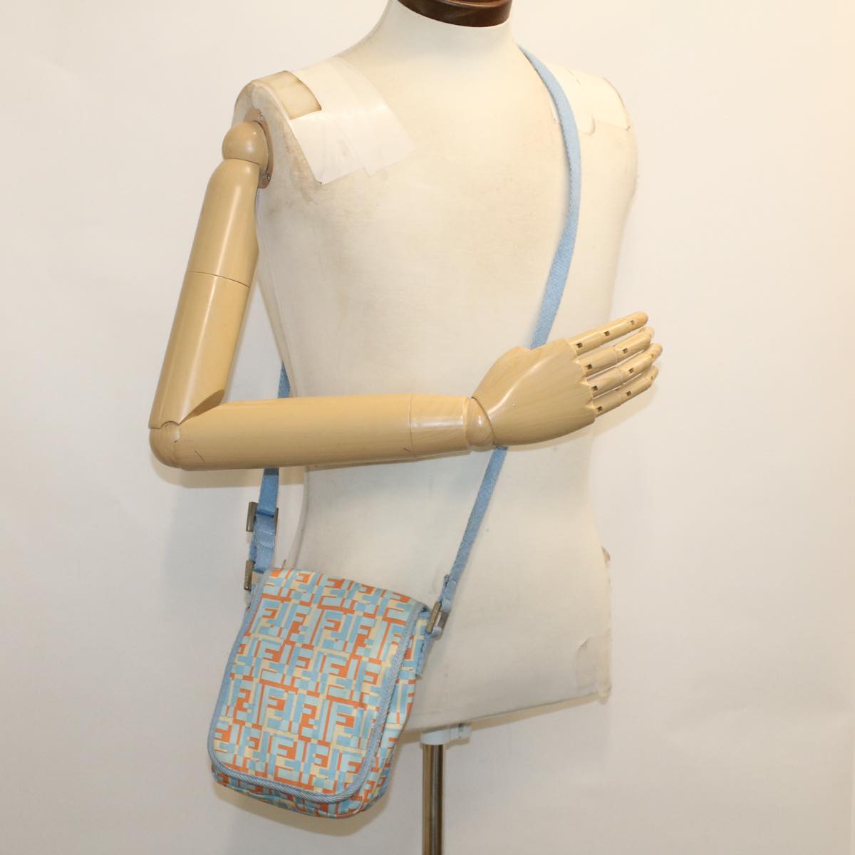FENDI Zucca Canvas Shoulder Bag Nylon White Light Blue Orange 49111