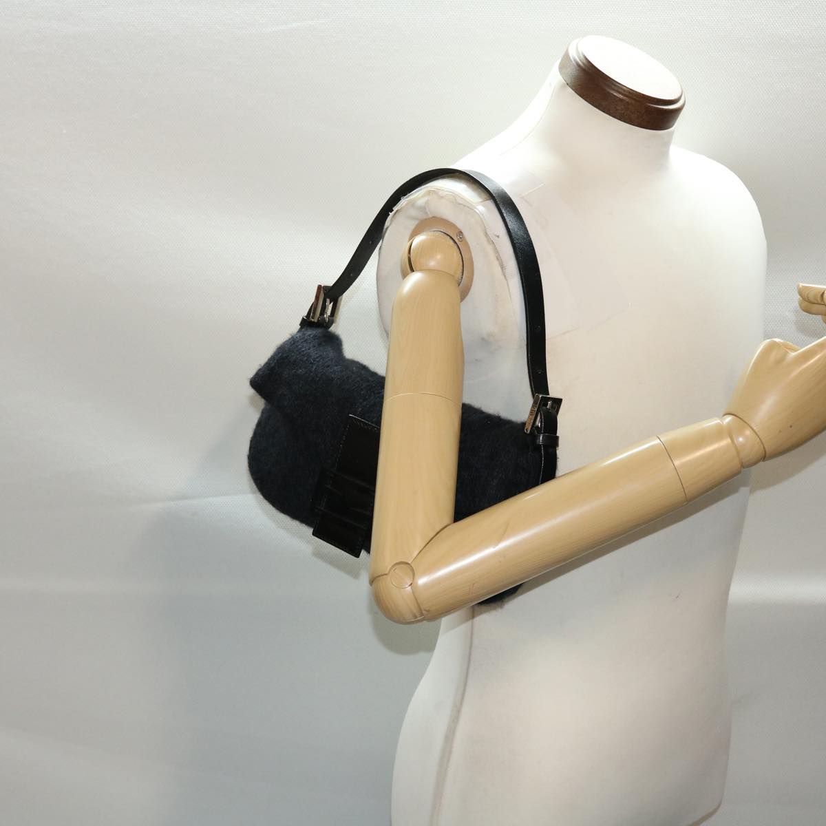 FENDI Mamma Baguette Shoulder Bag Wool Black 49783