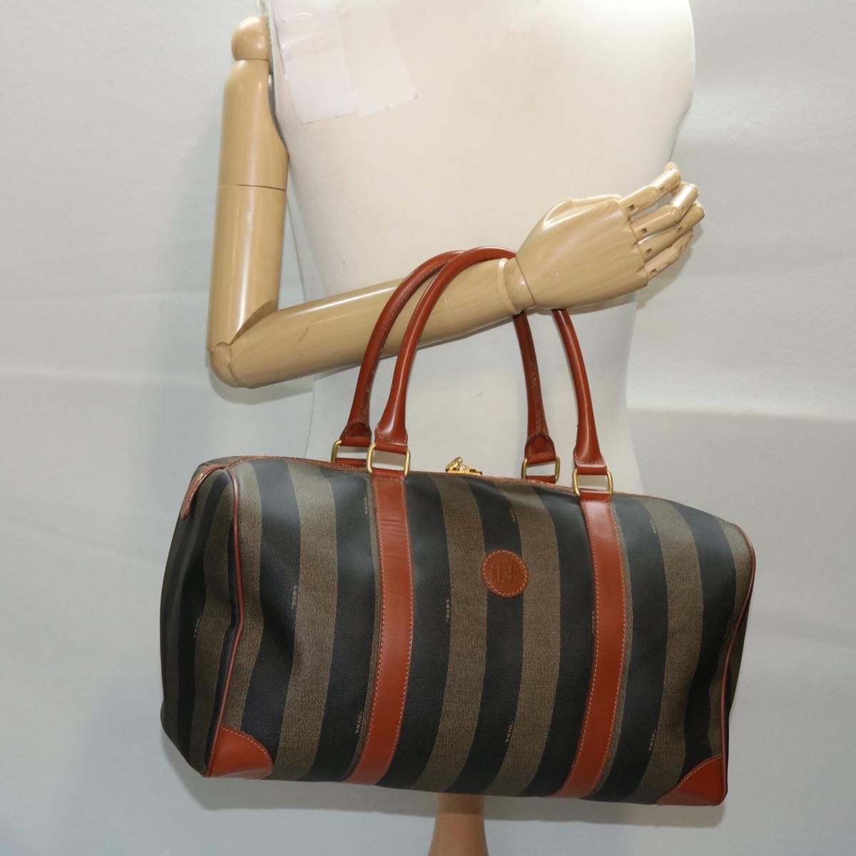 FENDI Pecan Canvas Boston Bag PVC Leather Brown Black 49995