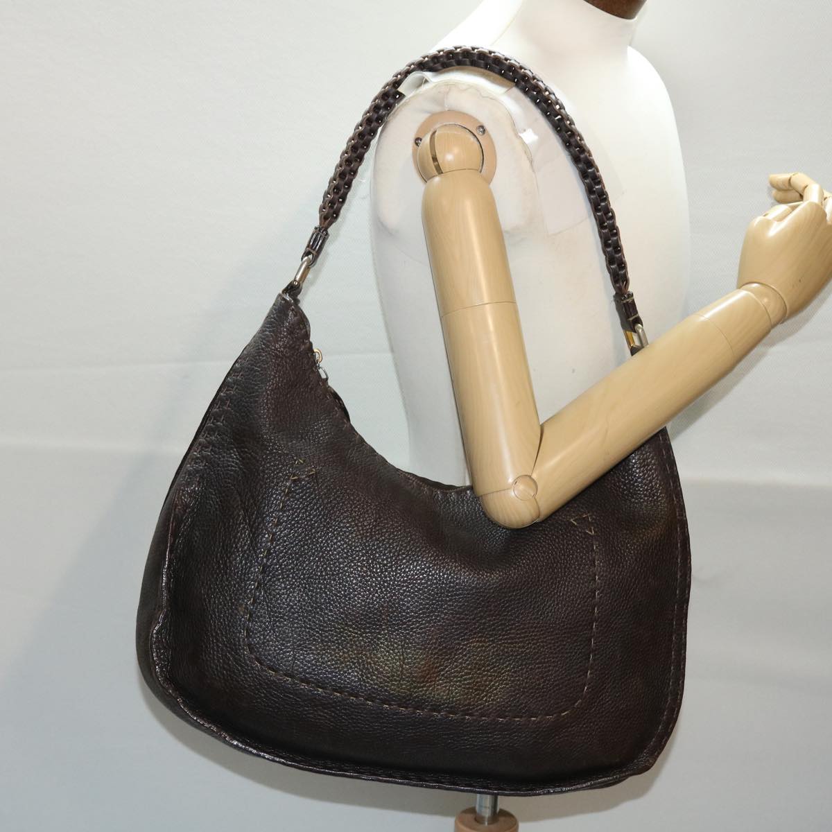 FENDI Celeria Shoulder Bag Leather 2way Dark Brown 8BR582 50271