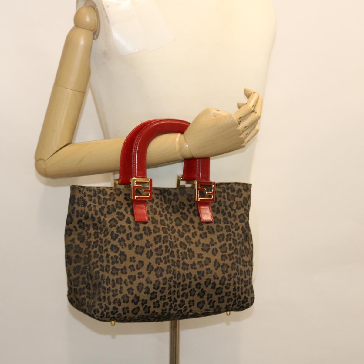 FENDI Leopard Hand Bag Nylon Leather Brown Red 50533