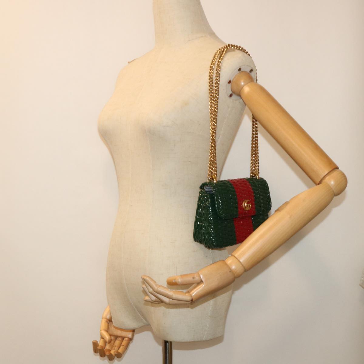 GUCCI Wicker Chain Web Sherry Line Bag Wood Red Green 524829 51974A
