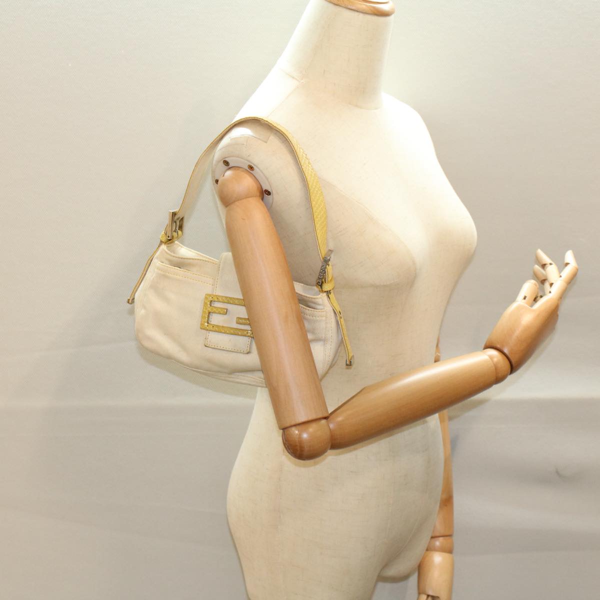 FENDI Mamma Baguette Shoulder Bag Canvas Beige Yellow 54739