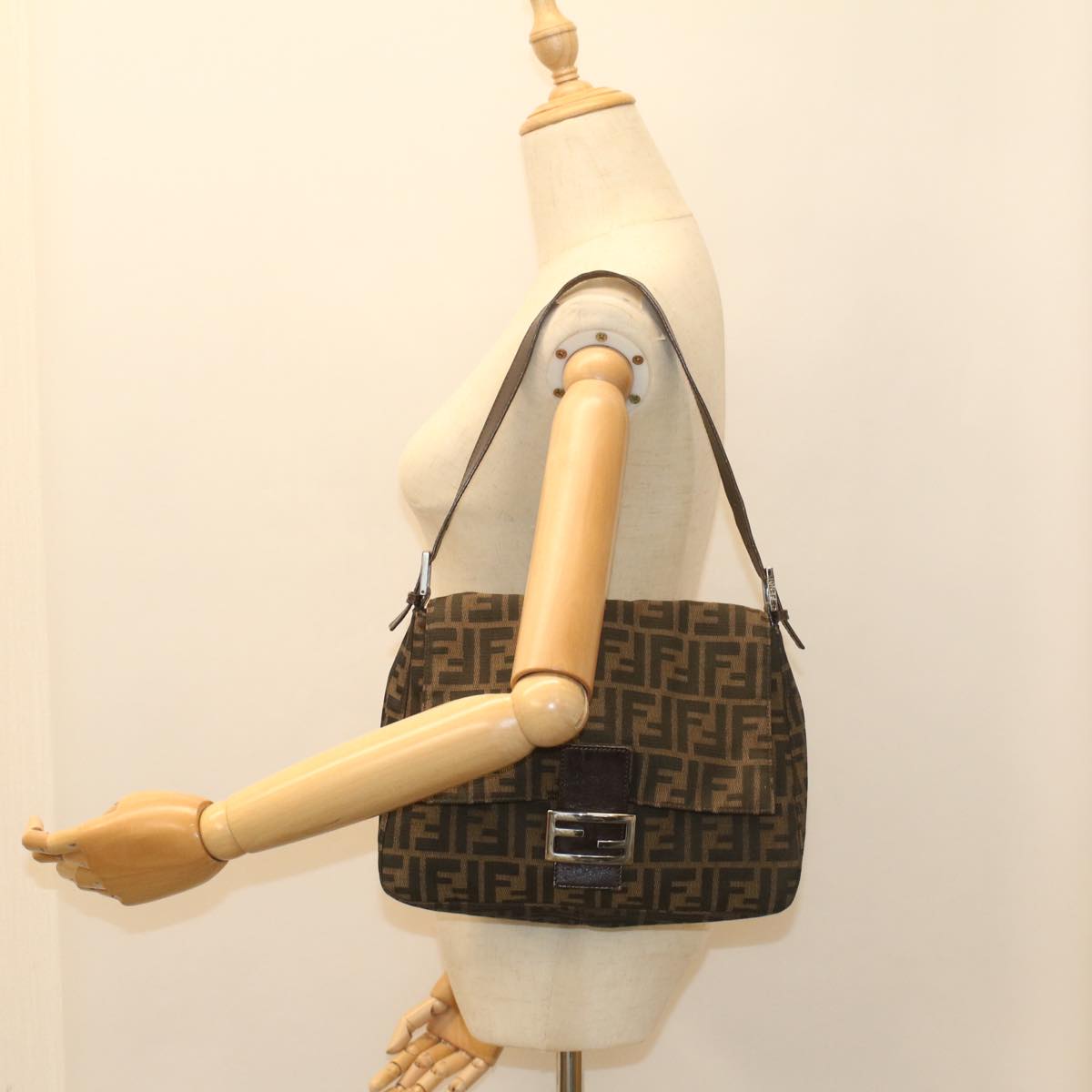 FENDI Zucca Canvas Mamma Baguette Shoulder Bag Brown Black 55001