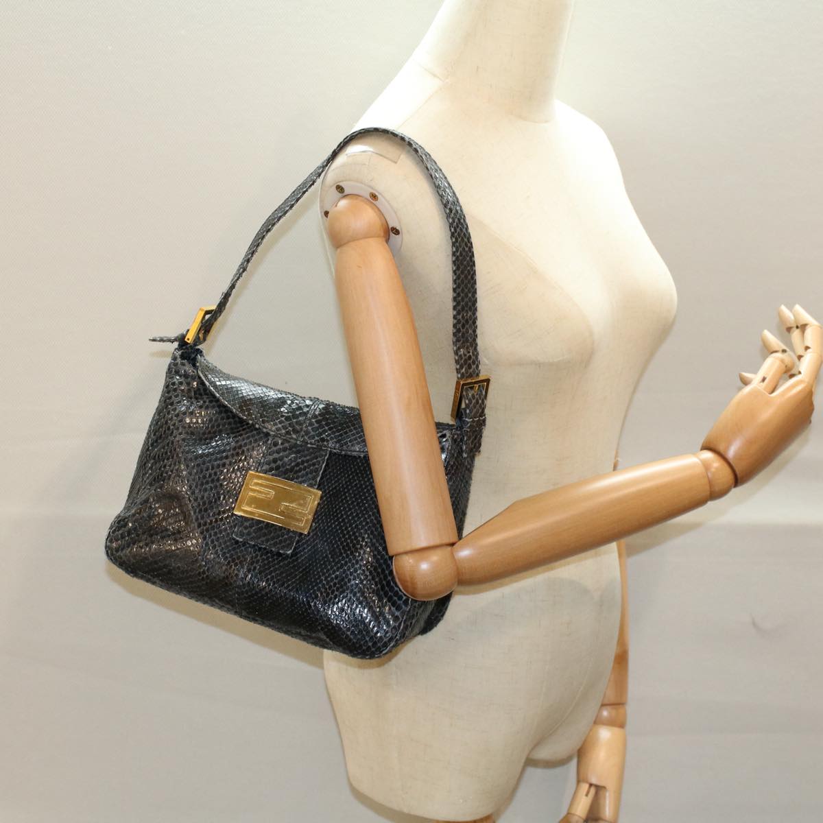 FENDI Snake Pattern Mamma Baguette Shoulder Bag Exotic leather Navy 55750