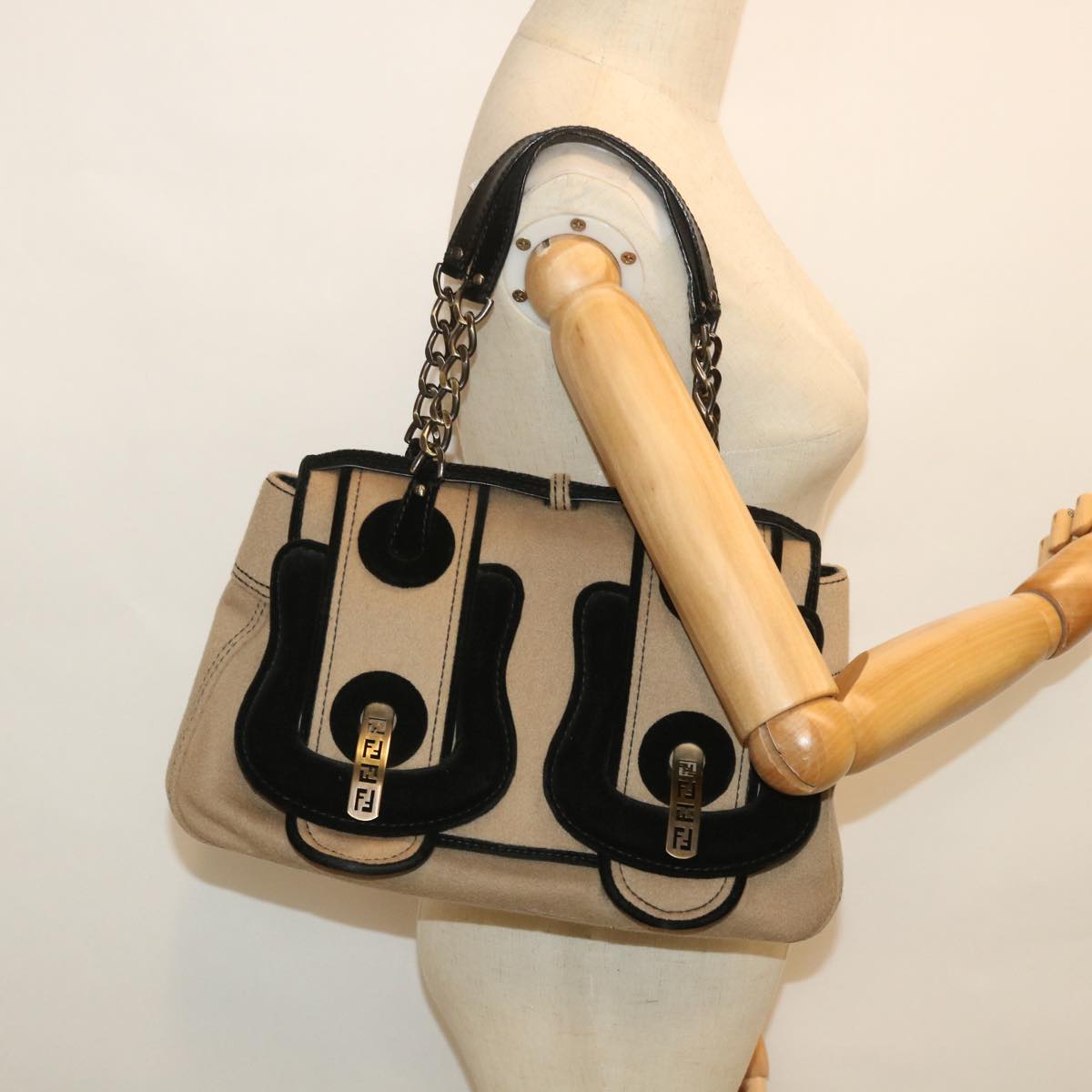 FENDI Shoulder Bag Cotton Beige Black 56685