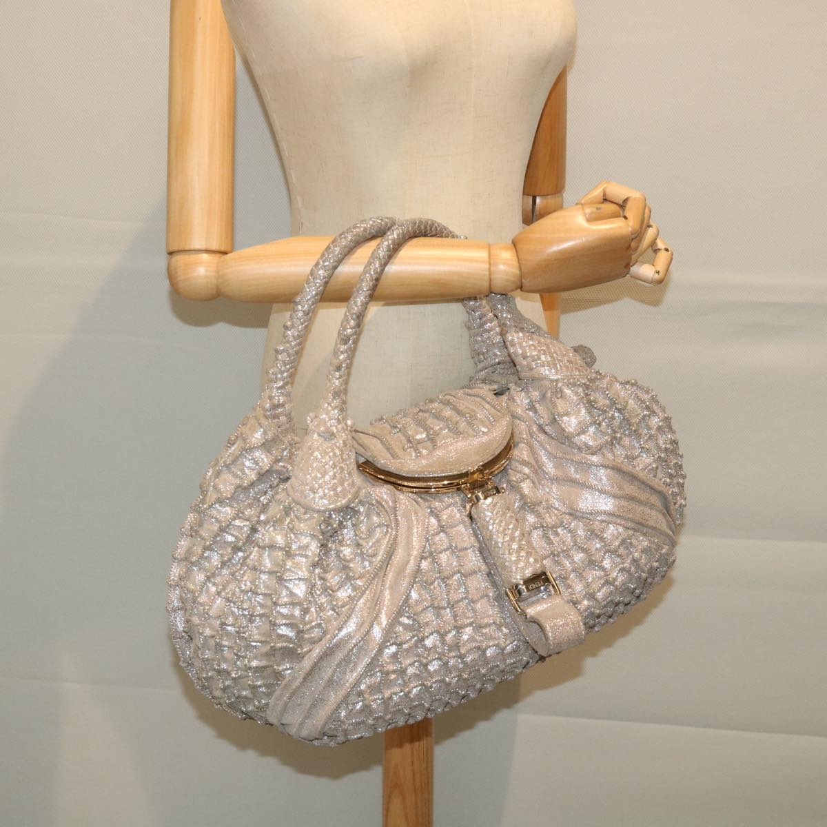 FENDI Spy Hand Bag Leather Silver 56875