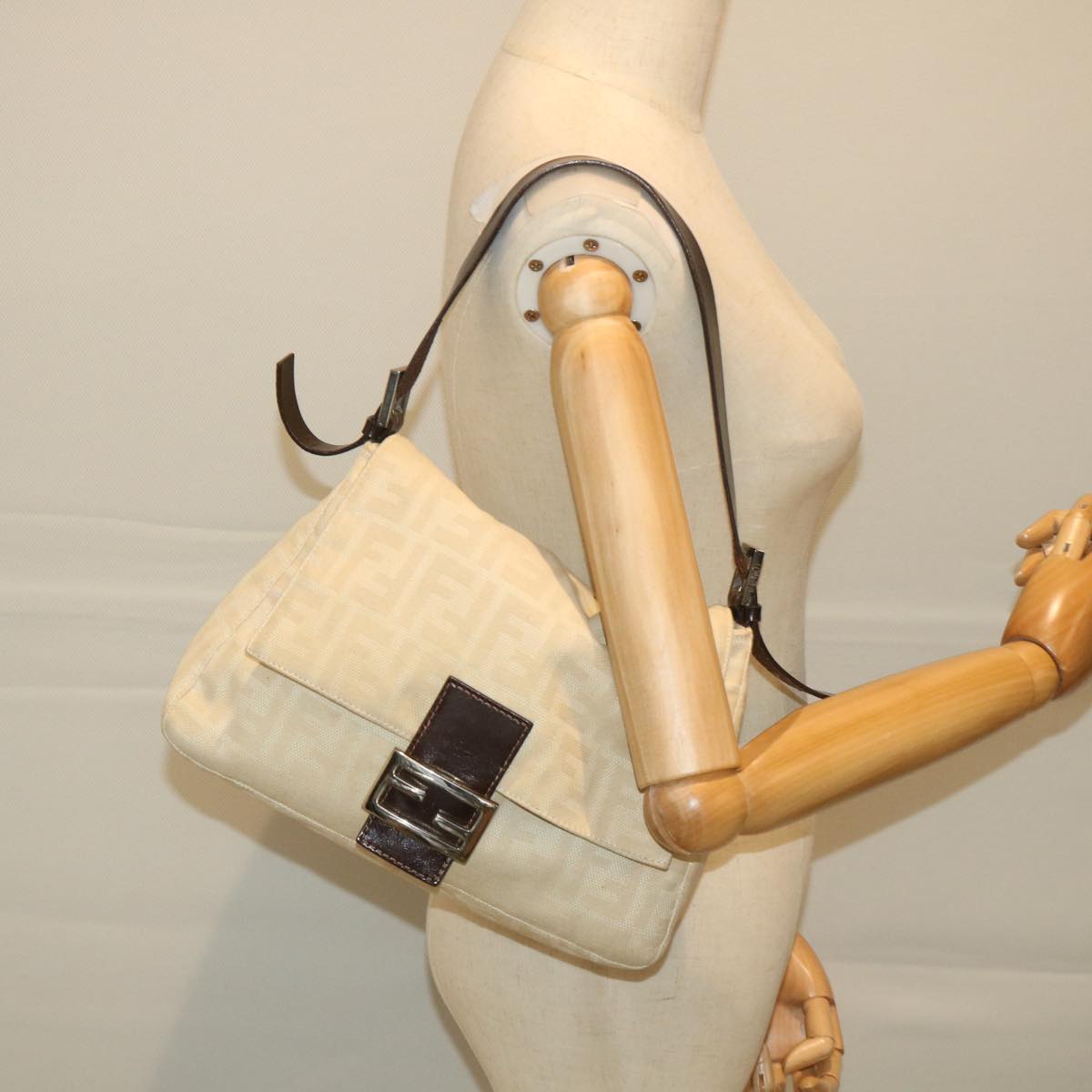 FENDI Zucca Canvas Mamma Baguette Shoulder Bag Beige 57043