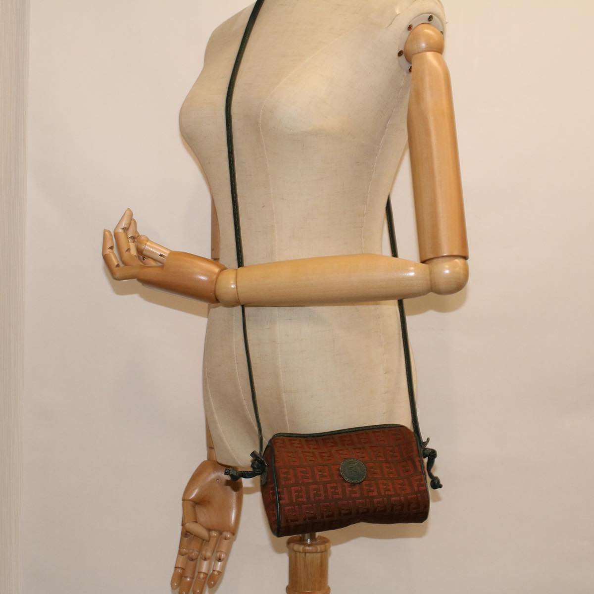 FENDI Zucchino Canvas Shoulder Bag Brown Green 57556