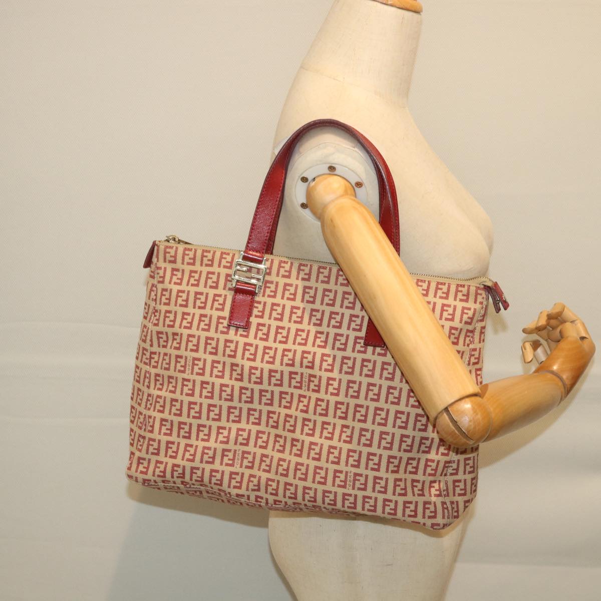 FENDI Zucchino Canvas Tote Bag Red Beige 58644