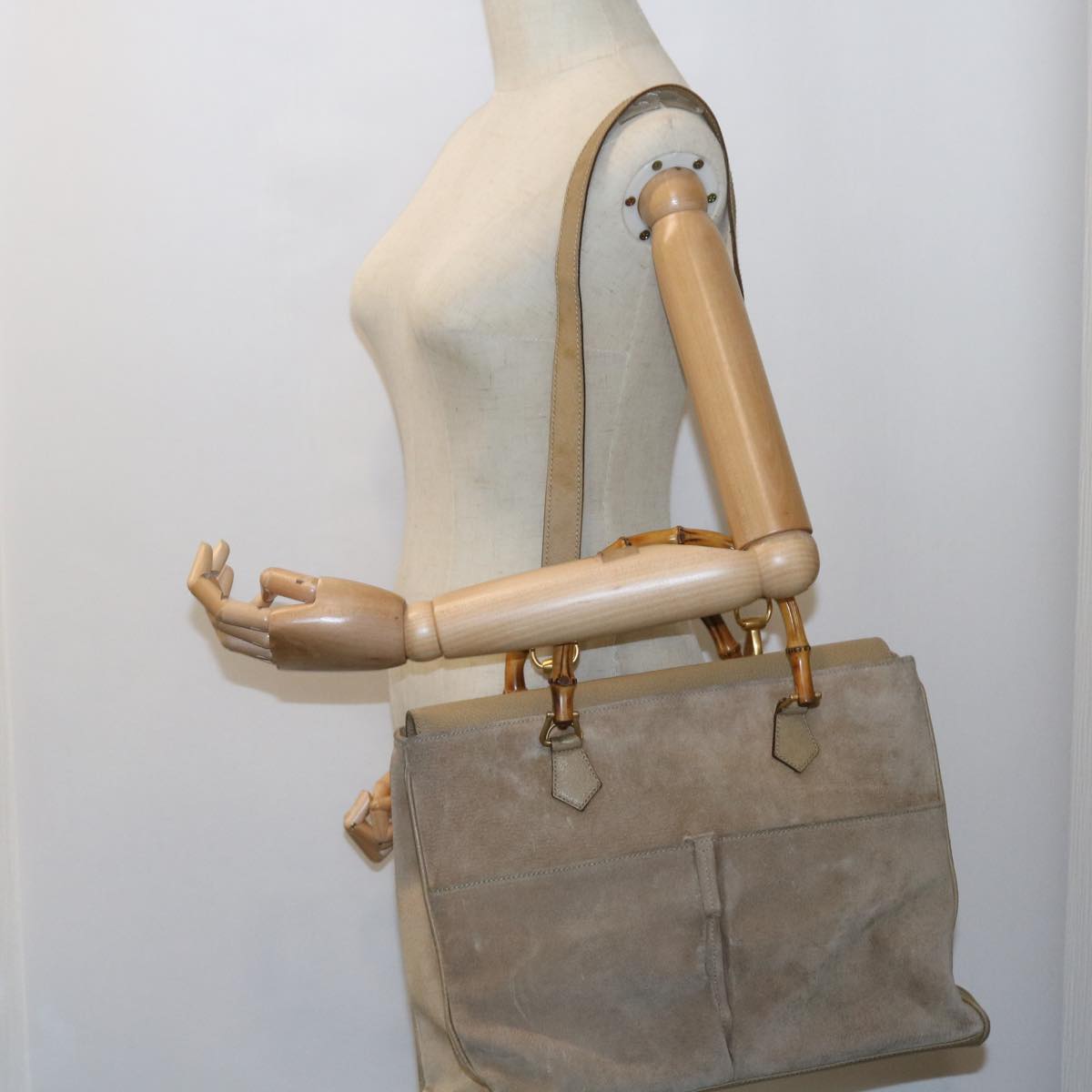 GUCCI Bamboo Shoulder Bag Suede 2way Beige 002 123 0322 59066