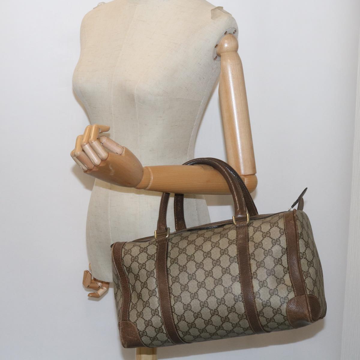 GUCCI GG Supreme Boston Bag PVC Leather Beige 60015