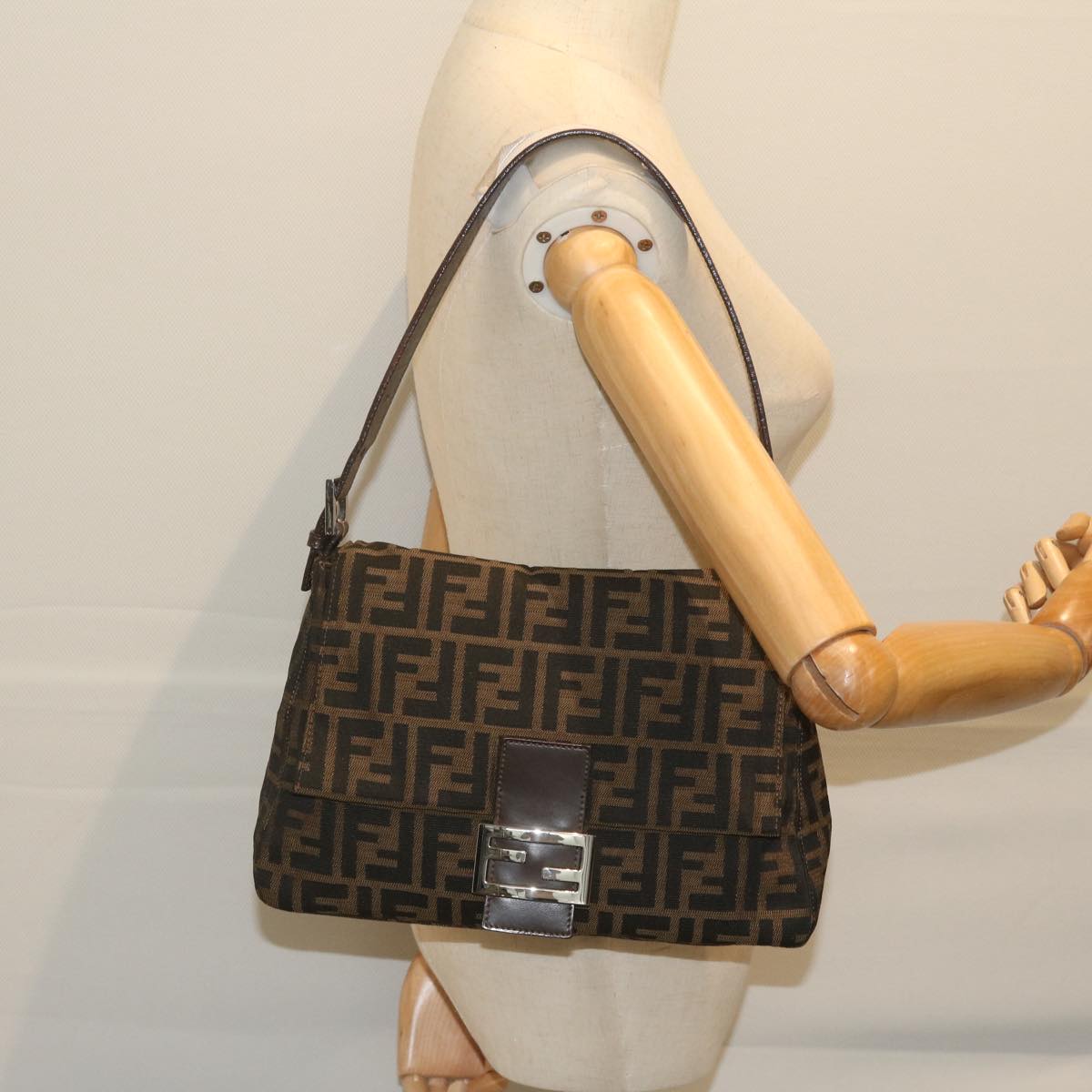 FENDI Zucca Canvas Mamma Baguette Shoulder Bag Black Brown 60675