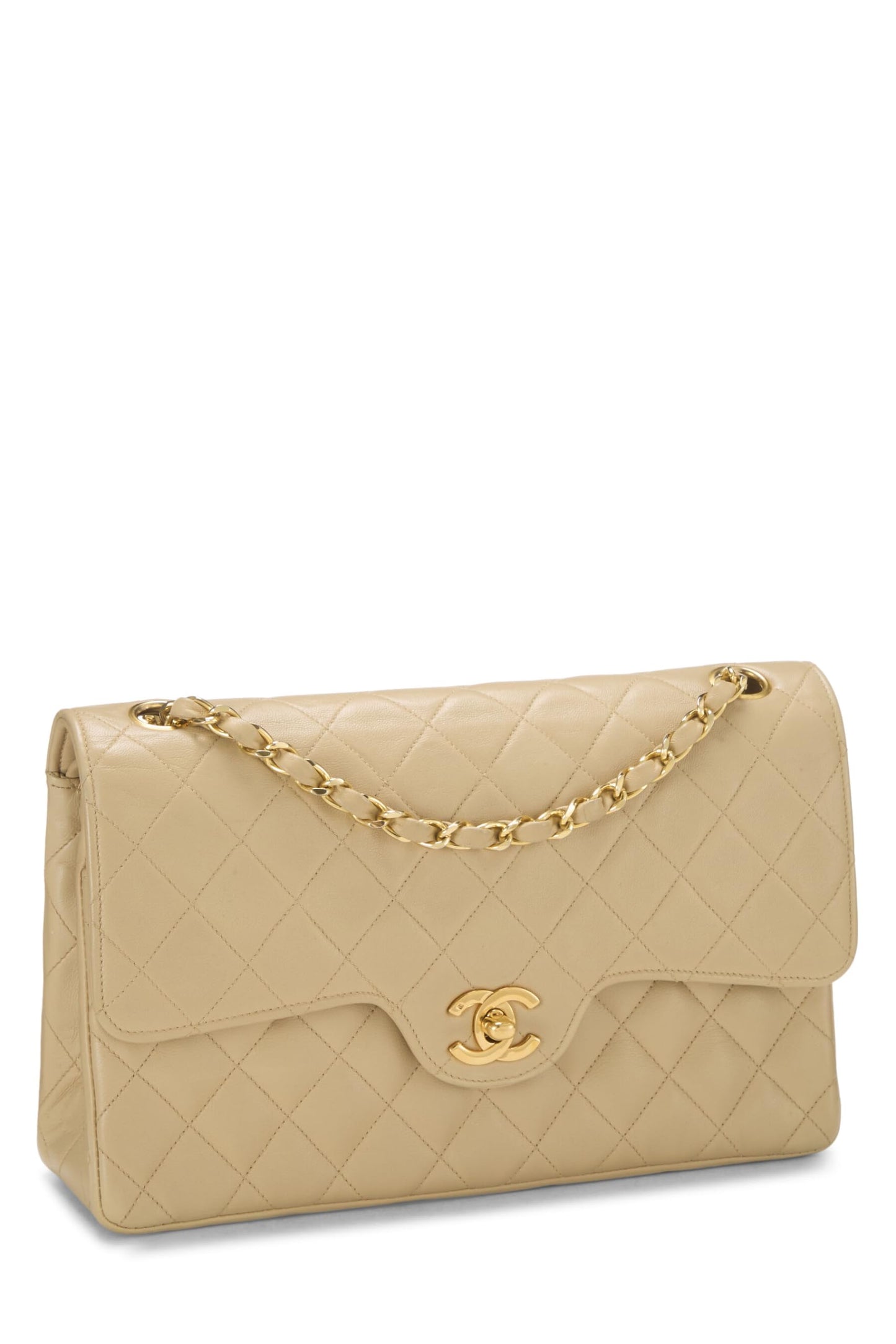 Chanel, Beige Quilted Lambskin Curved Double Flap Medium, Beige
