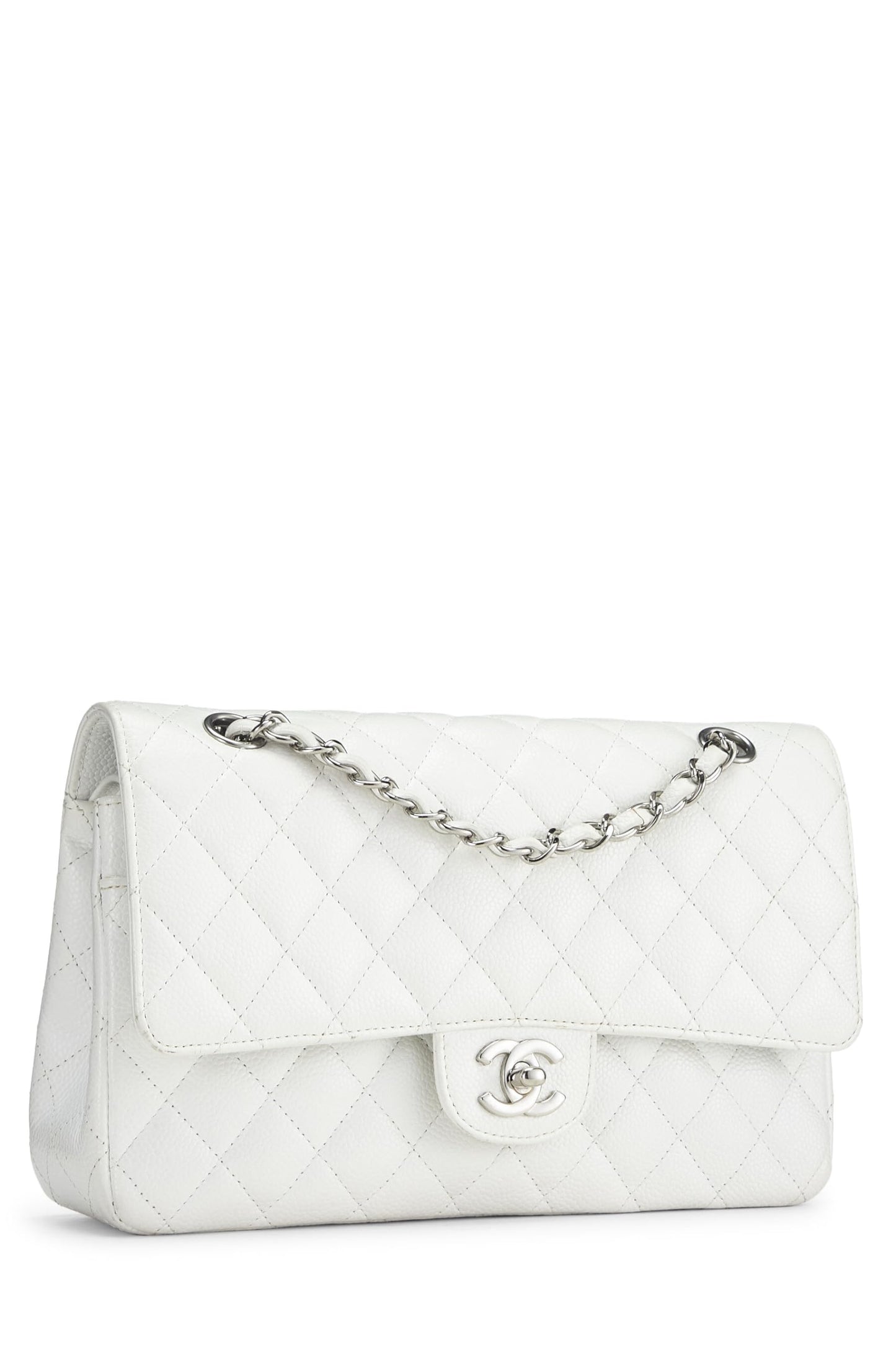 Chanel, White Quilted Caviar Classic Double Flap Medium, White