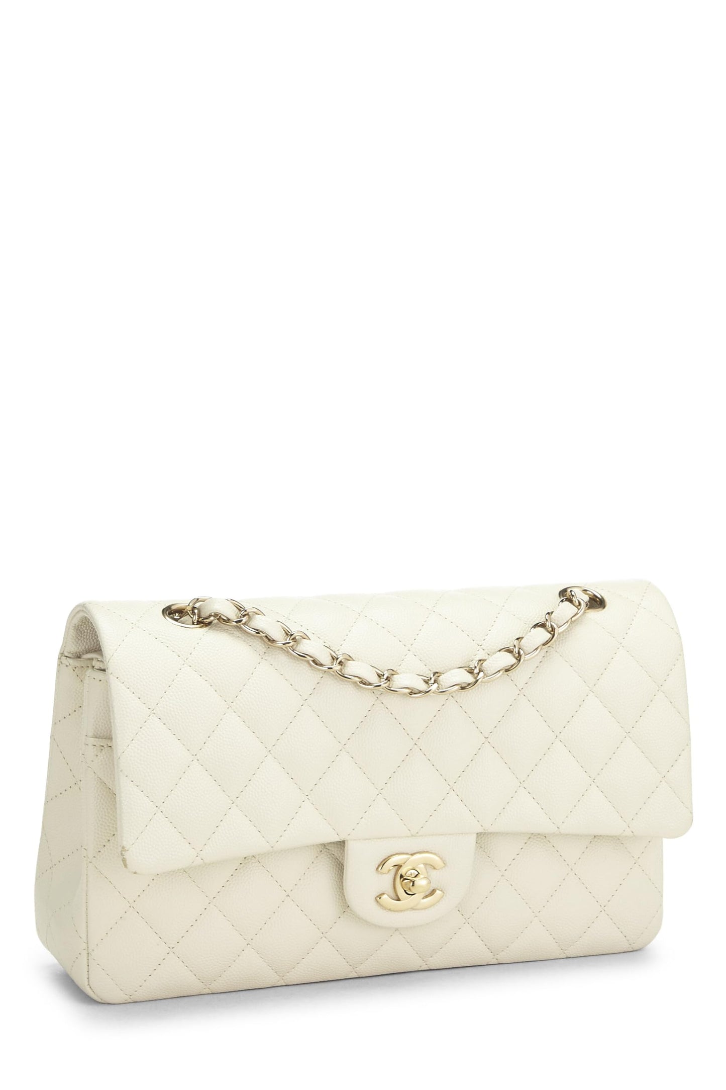 Chanel, White Quilted Caviar Classic Double Flap Medium, White