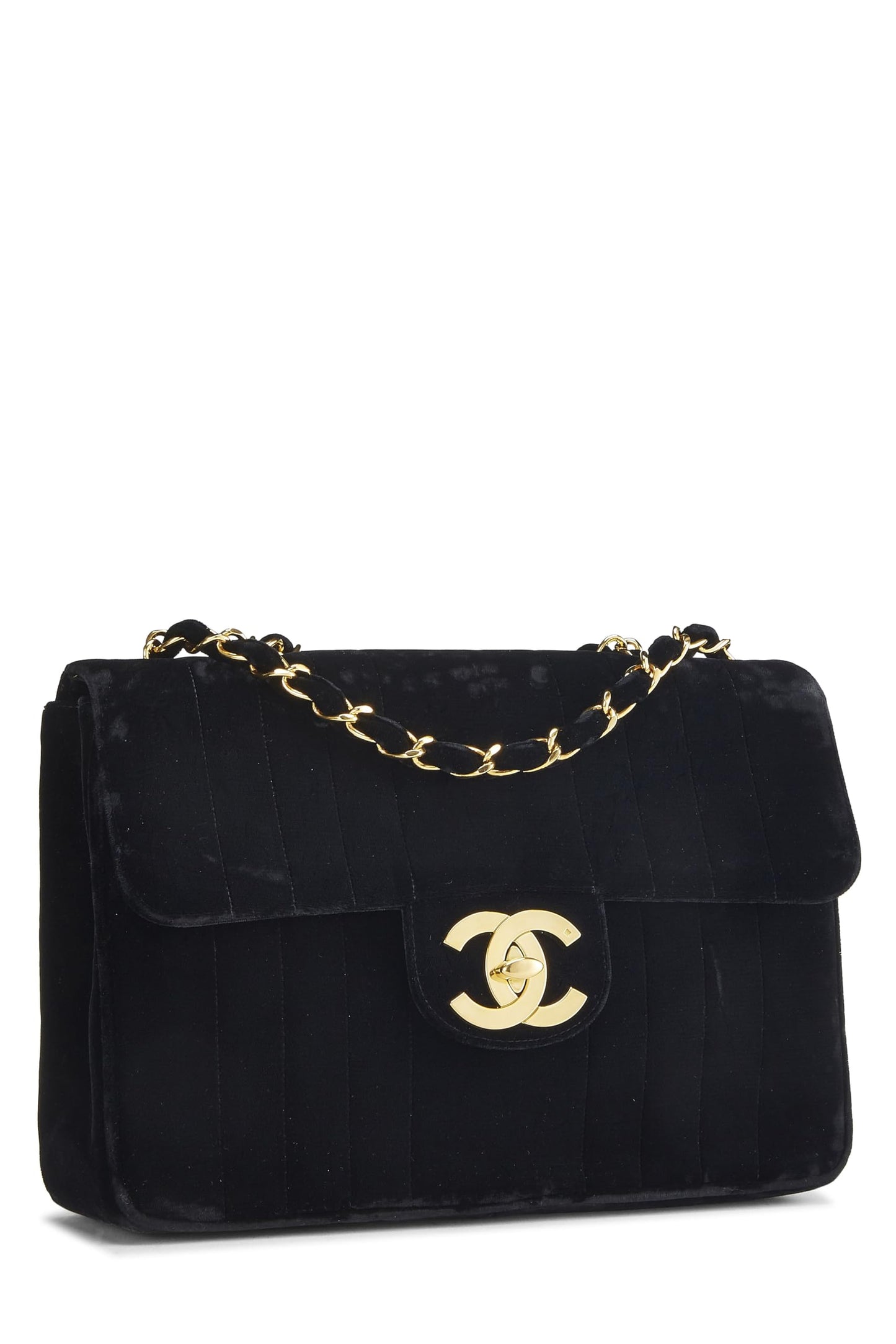 Chanel, Black Vertical Velvet Half Flap Jumbo, Black
