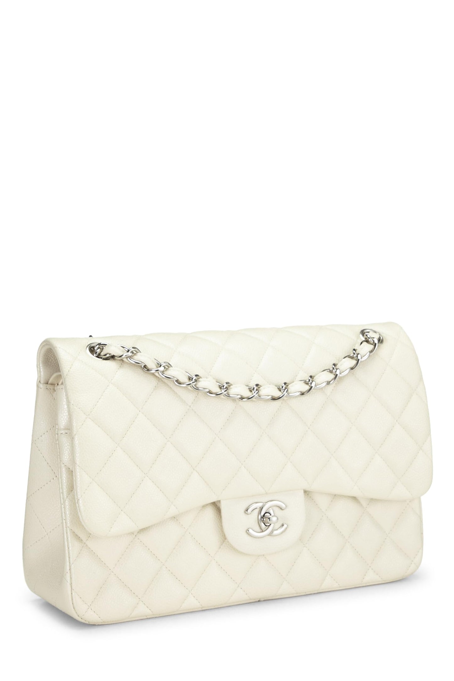 Chanel, White Quilted Caviar New Classic Double Flap Jumbo, White