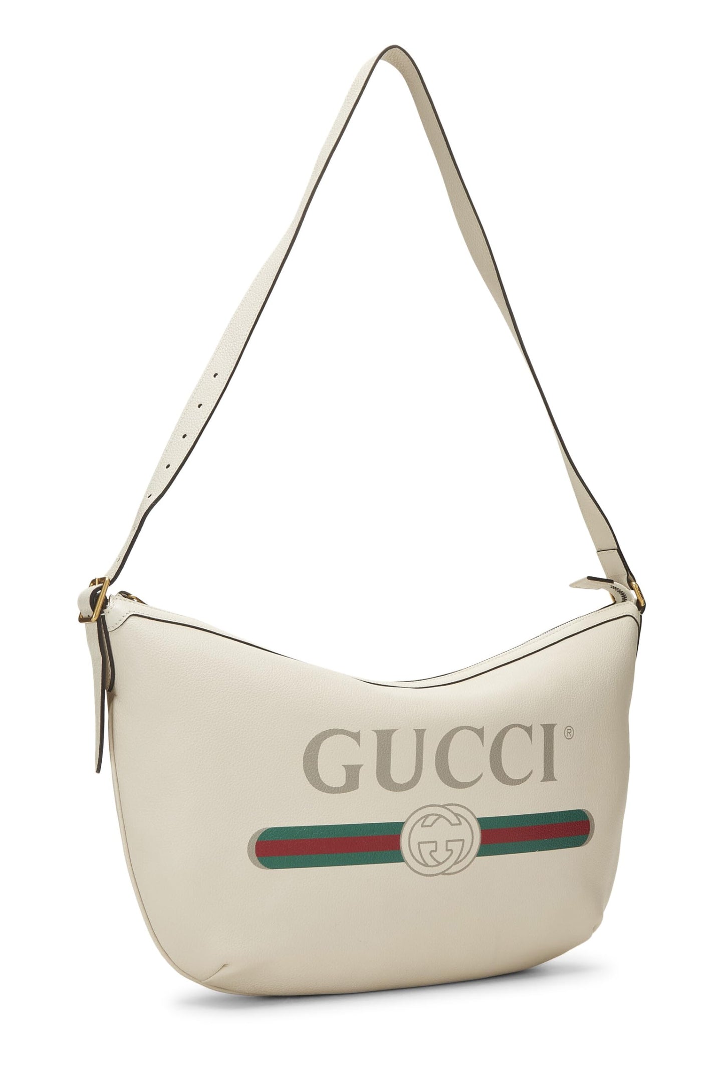 Gucci, White Leather Logo Print Half Moon Hobo, White