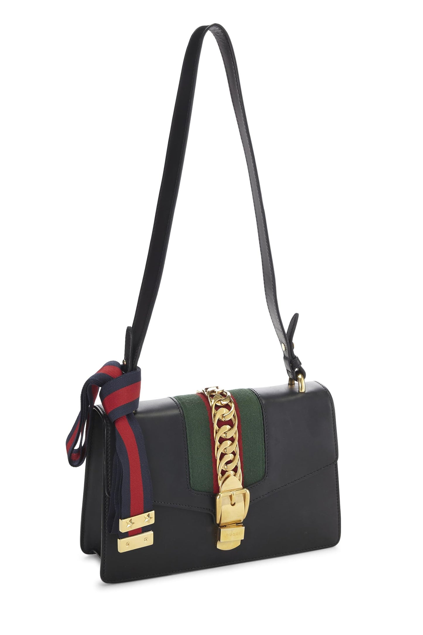 Gucci, Black Leather Web Sylvie Shoulder Small, Black