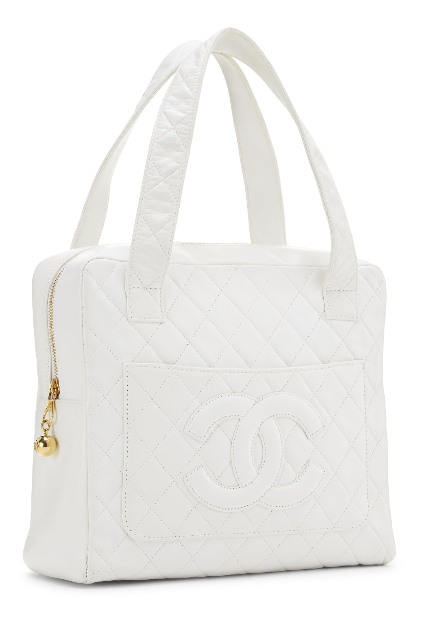 Chanel, White Quilted Lambskin Top Handle Tote Mini, White