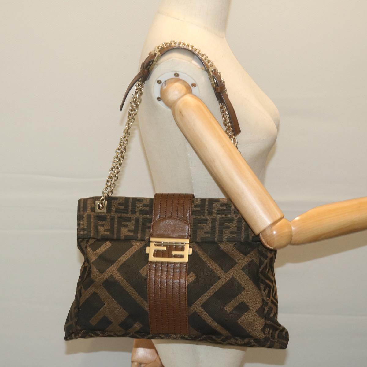 FENDI Zucca Canvas Chain Shoulder Bag Brown 64757A