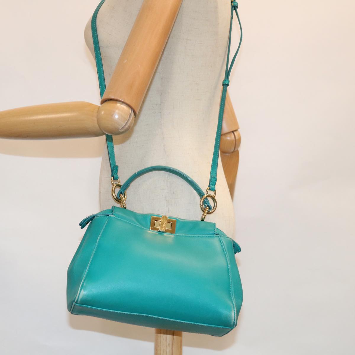 FENDI Micro Peek A Boo Hand Bag Leather Turquoise Blue 64807