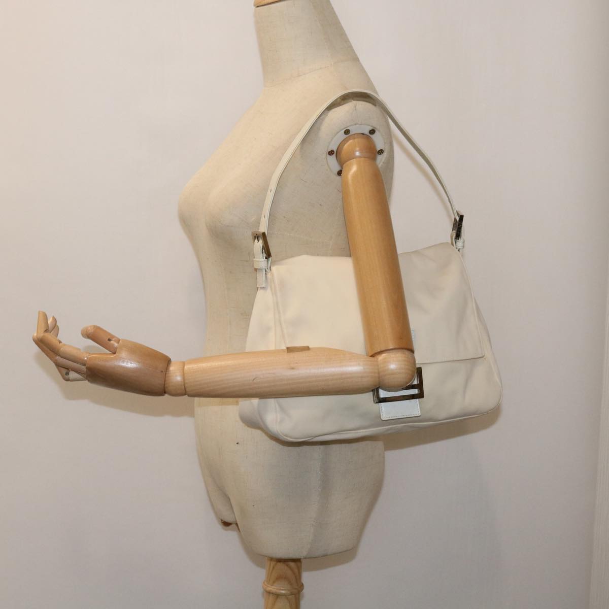 FENDI Mamma Baguette Shoulder Bag Nylon White 64877