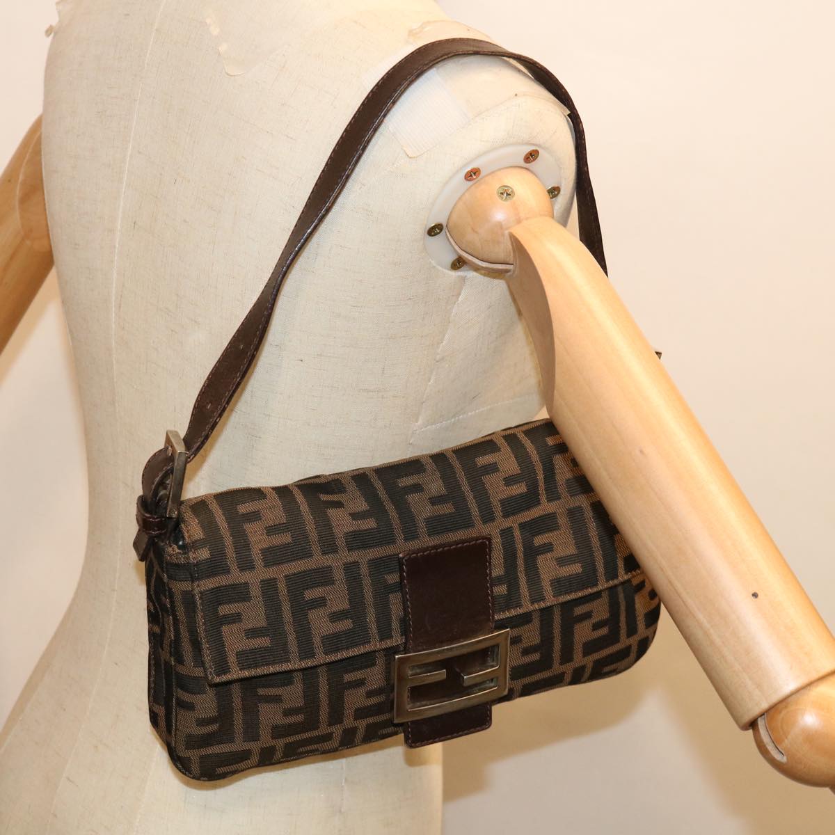 FENDI Zucca Canvas Mamma Baguette Shoulder Bag Brown Black 65243A