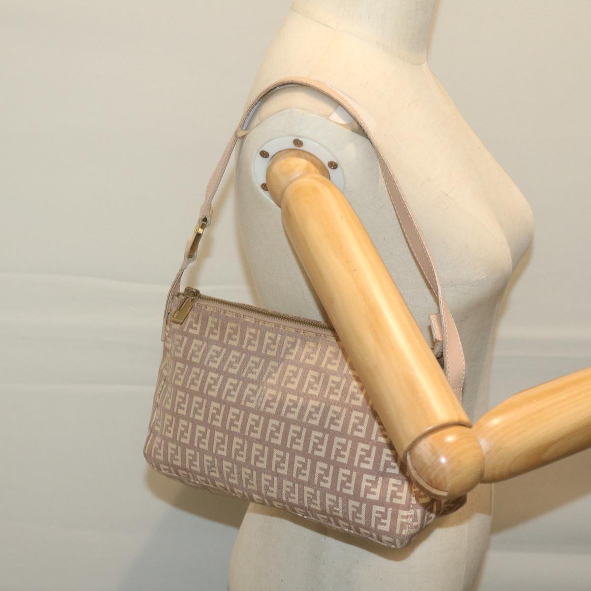 FENDI Zucchino Canvas Shoulder Bag Beige 65408