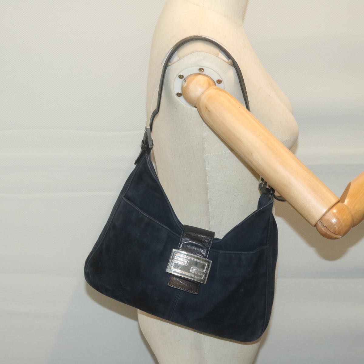 FENDI Mamma Baguette Shoulder Bag Suede Navy 66049