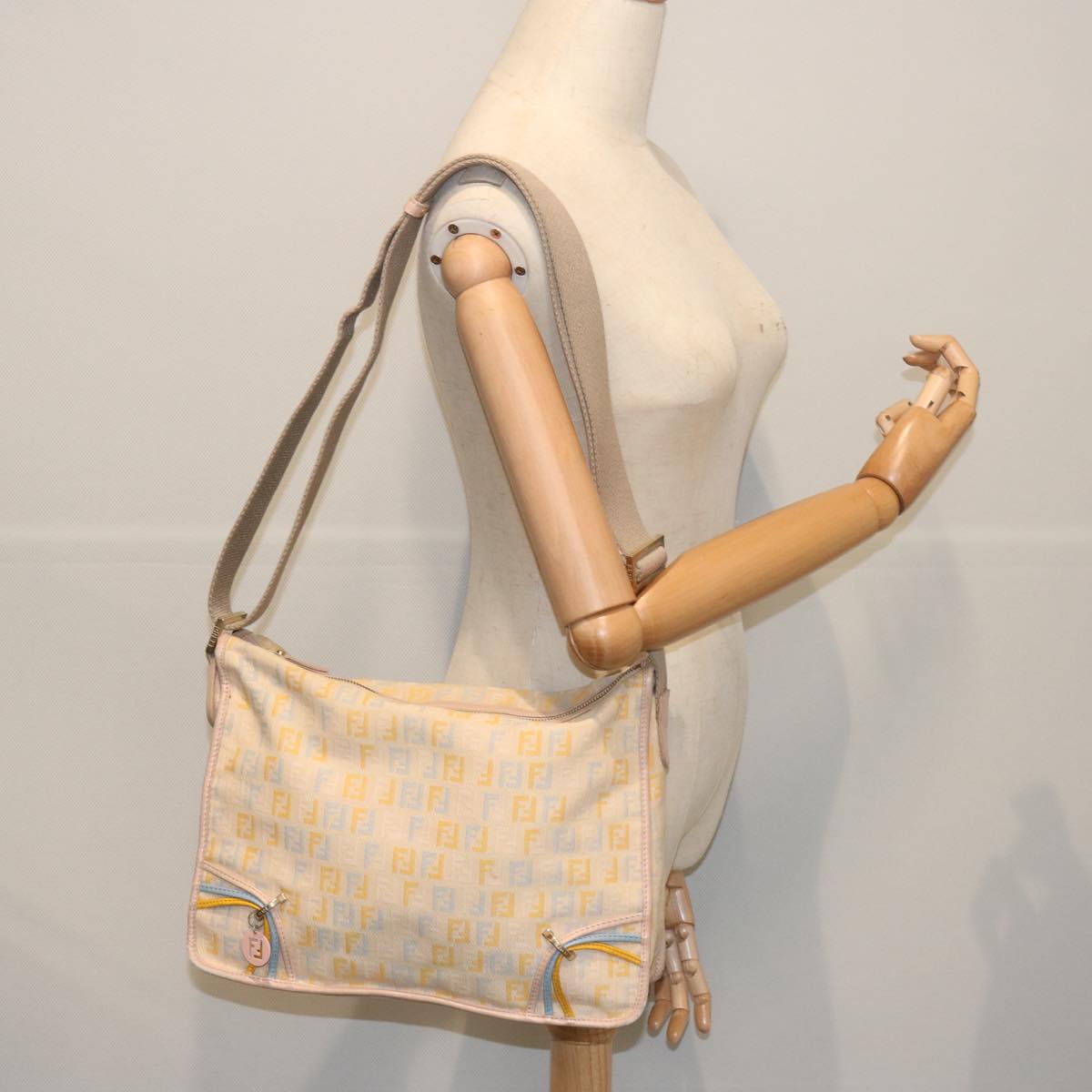 FENDI Zucchino Canvas Shoulder Bag Beige Light Blue yellow 66310