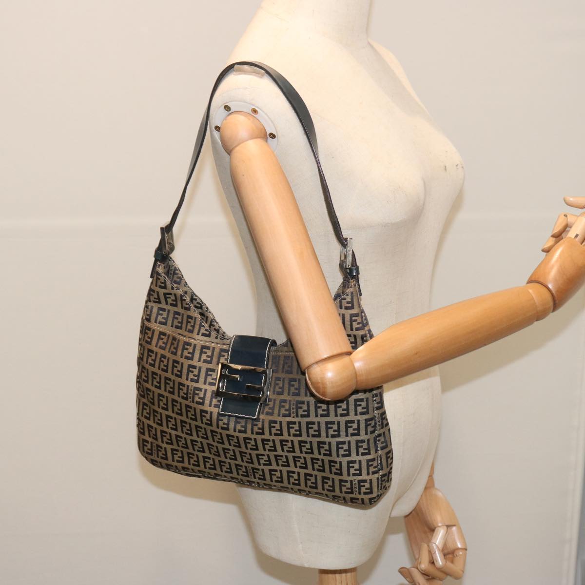 FENDI Zucchino Canvas Mamma Baguette Shoulder Bag Navy 67822