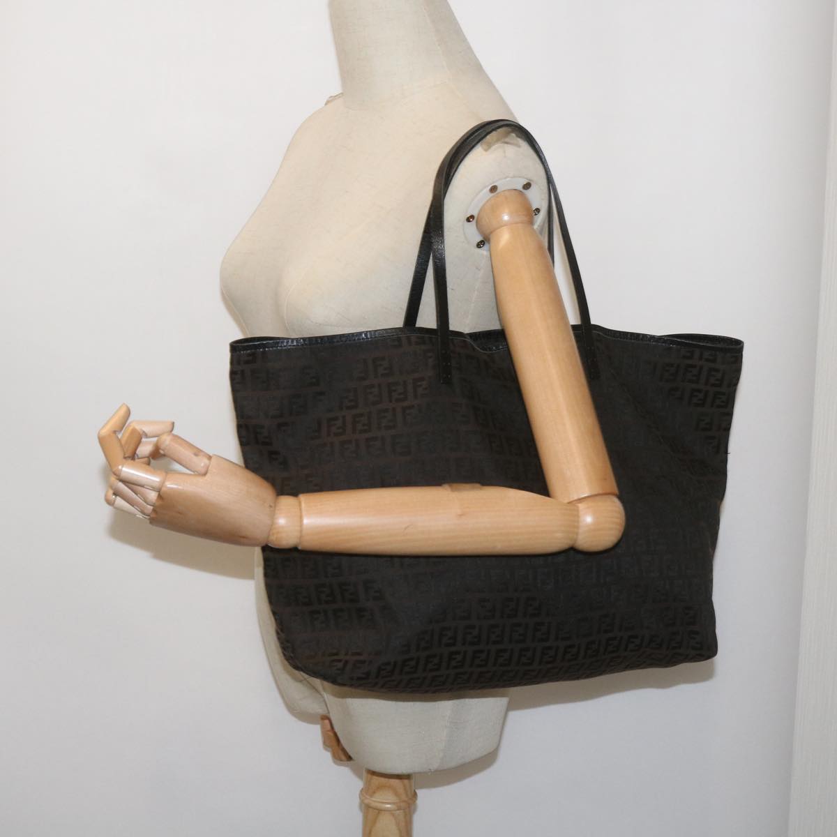 FENDI Zucchino Canvas Tote Bag Brown Black 68286