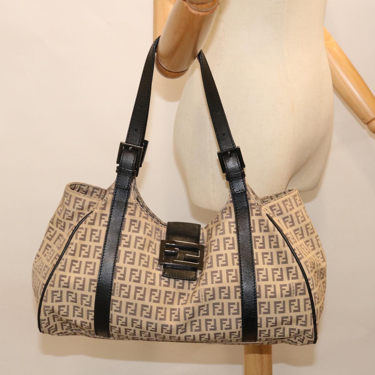 FENDI Zucchino Canvas Mamma Baguette Tote Bag Beige 70168